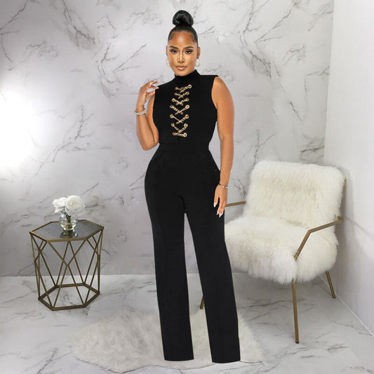 CrissCross Women's Solid Color Sleeveless Stand Collar Round Neck Jumpsuit