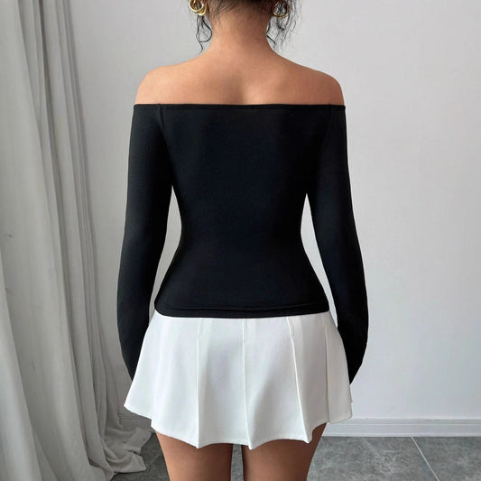 Black Off-the-Shoulder 3D White Floral Embroidered Skinny Long Sleeve Women's Shirt