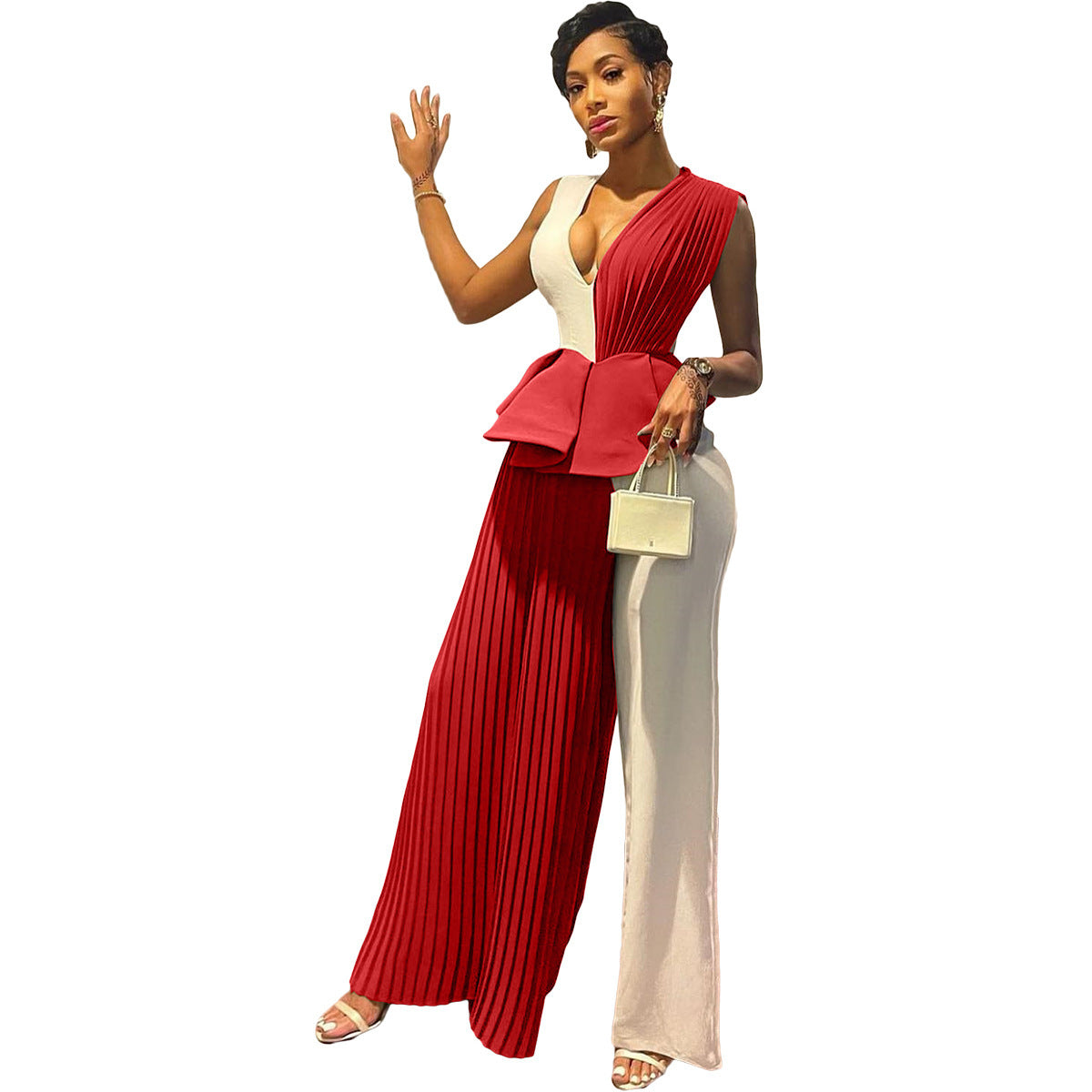 Sleeveless Colorblock Ruffled Pleated Pocketed V-Neck Paneled Wide Leg Formal Women's Party Jumpsuit