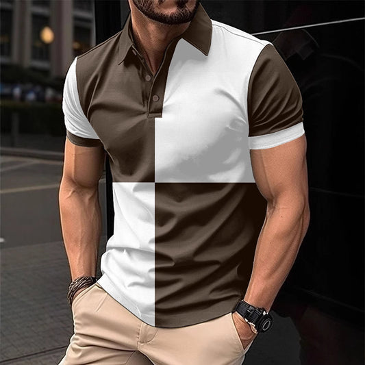 Colorblock Checker Print Turn-Down Collar Button-Up Polo Shirt