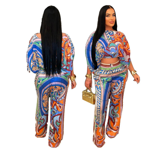 Off-the-Shoulder Geometric Floral Cropped Lantern Sleeve Blouse + Pants Women's 2-Piece Set