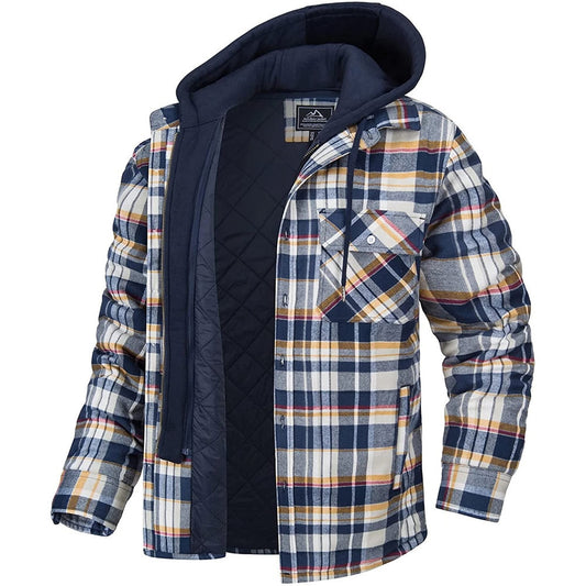 Men's Plaid Pocketed Button Thick Padded Drawstring Layered Zipper Hoodie Jacket