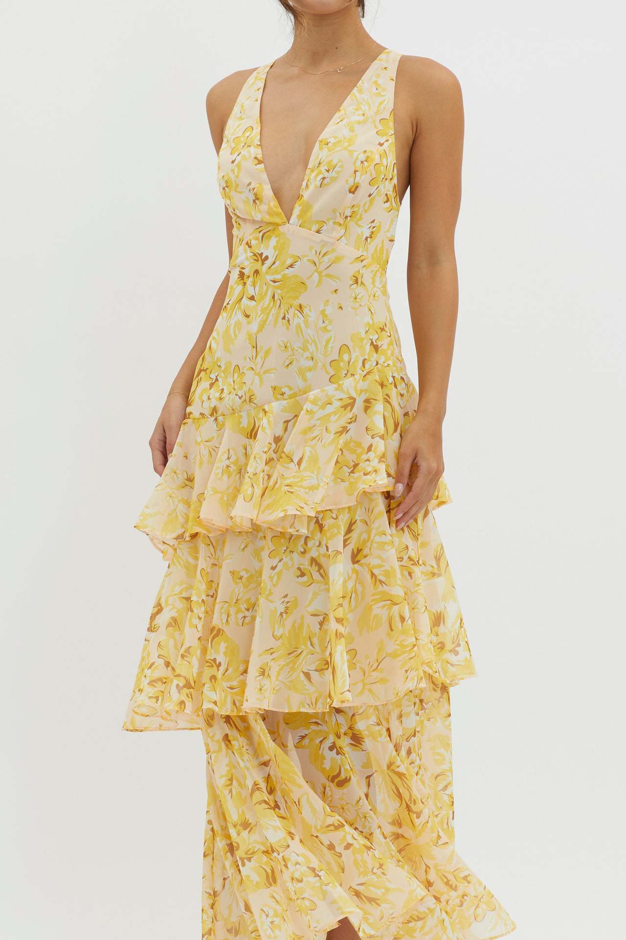 Tiered Sleeveless Floral Print Backless Multi-Layer V-Neck Maxi Dress