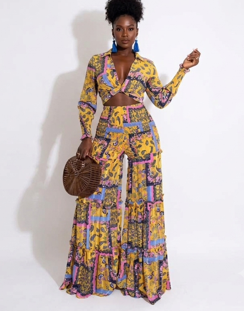 Paisley Floral Tie Front Women's Printed Long Sleeve Bodycon Crop Top + Baggy Pleated Pants 2-Piece Set