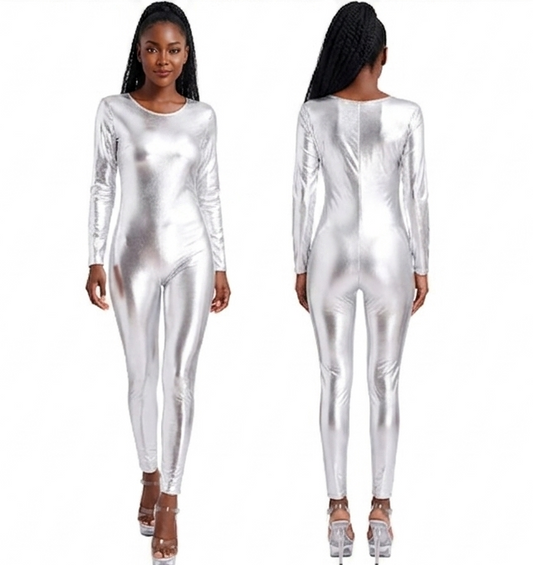 Metallic Shiny Faux Leather Solid Color Women Long Sleeve Dance Bodysuit Clubwear Long Sleeve Jumpsuit to 3X Plus Size