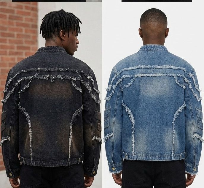 Men's Denim Vintage Tiered Tassel Fringe Embossed Frayed Shoulder Design Stand Collar Biker Jean Jacket