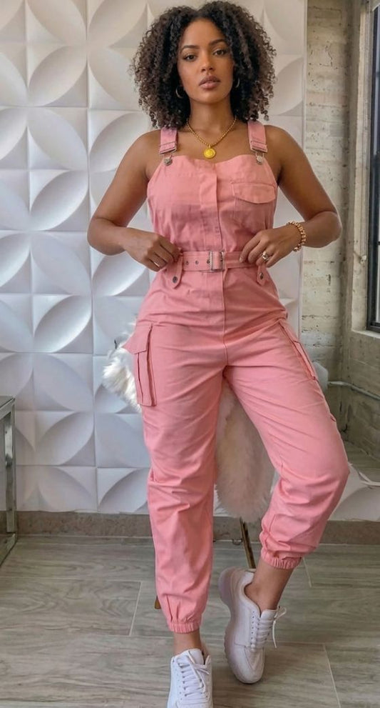 Sleeveless Solid Color Belted Women's Cargo Pocketed Overall Jumpsuit to 3X Plus Size