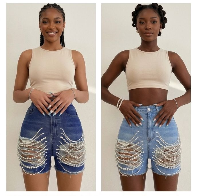 Handmade Tassel Fringe Pearl Chain Decor Denim Dark Blue/Light Blue Women's Jean Shorts