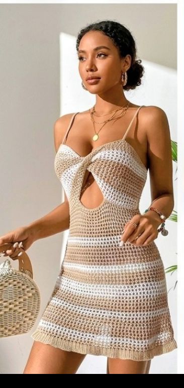 Crochet Striped Colorblock Knitted Twisted Spaghetti Strap Hollow-Out Lace-Up Back Design Mini Dress