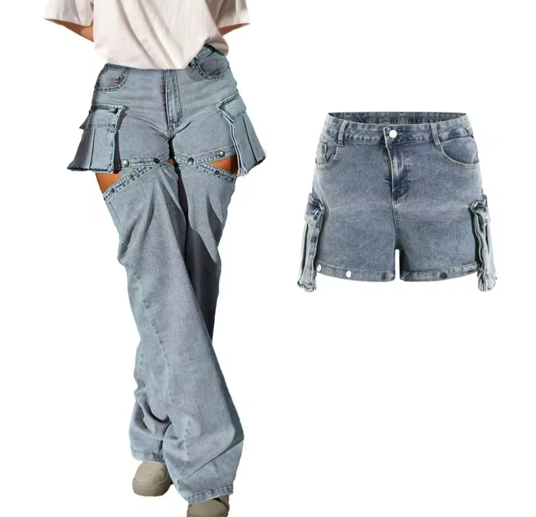 Denim Designer Button Fly High Waist Denim Cargo Jeans w/ Detachable Shorts