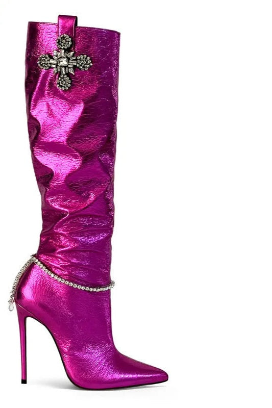 Crystal Rhinestone Cross Pendant Design Women's Pointed Toe High Heel Knee-High Boots