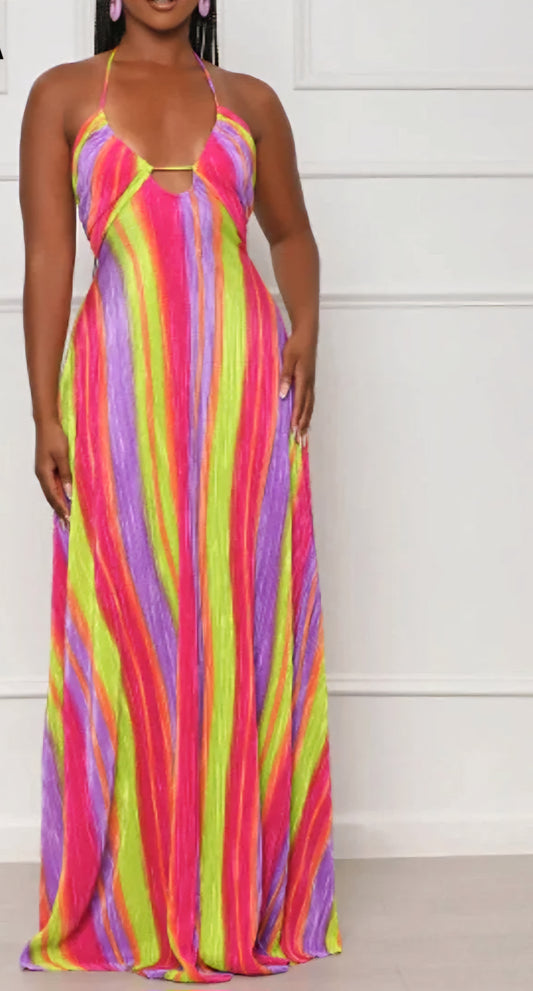Rainbow Pastel Colorblock Striped Printed Strapless Sleeveless Straight Pleated Maxi Dress