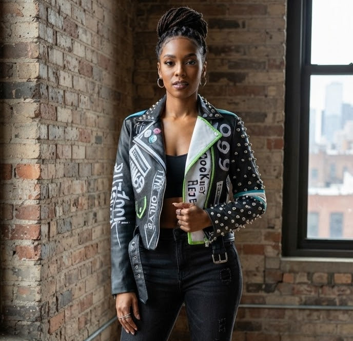Rivet Stud Clown Print Hip-Hop Design PU Leather Women's Streetwear Biker Jacket to 3X Plus Size