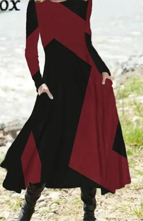 Colorblock Big Hem Geometric 3D Print O-Neck Pullover Dress to 5X Plus Size