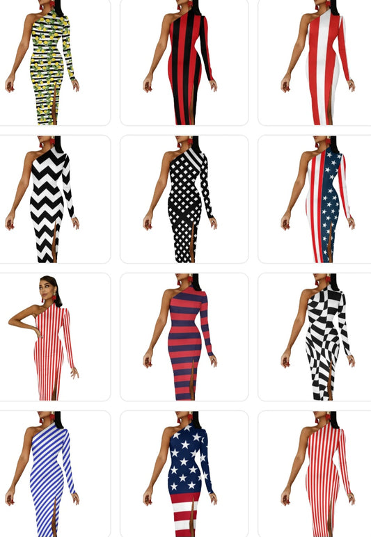 Striped/Rainbow Striped/American Flag Print One Sleeve Asymmetrical Bodycon Midi Dresses