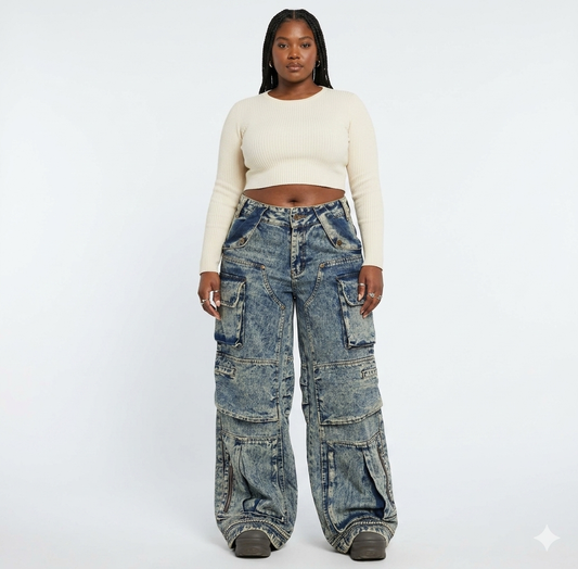 Faded Denim Baggy Multi-Pocketed Reverse Zipper Design Women's Hip-Hop Streetwear Cargo Jeans to 4X Plus Size