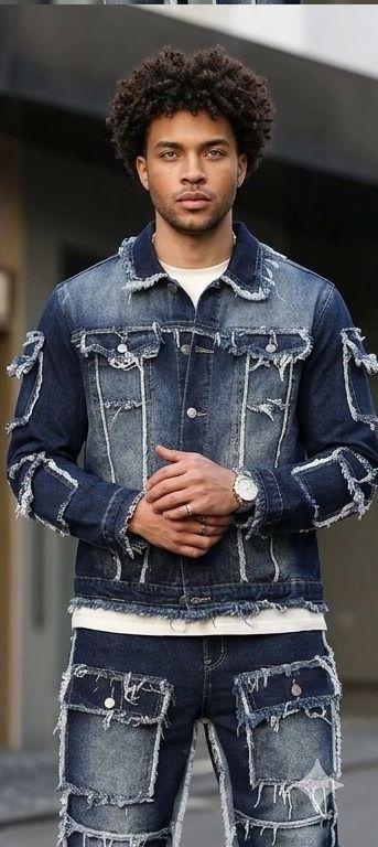 Men's Gradient Colorblock Denim Ripped Faded Dark Blue Fringe Hem Multi-Pocketed Hip-Hop Cargo Jeans 2-Piece Set (Jean Jacket + Stacked Jeans)