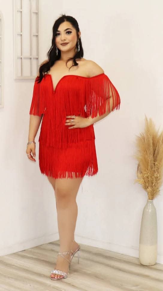 Off-the-Shoulder Tassel Fringe Design Bandage Strapless Zipper Back V-Neck Mini Formal Bodycon Party Dress
