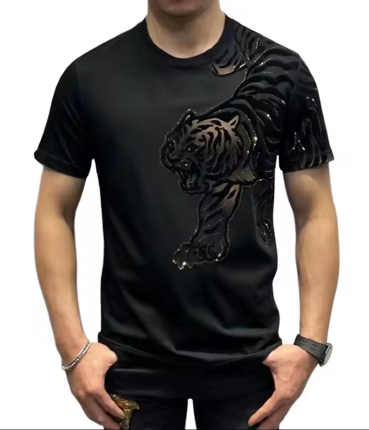 Men's Sequined 3D Tiger Loose Print O-Neck Short Sleeve T-Shirt