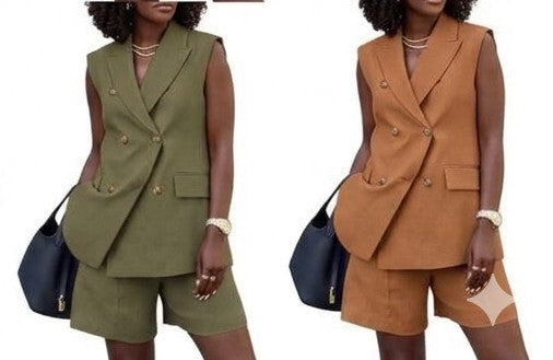 Business Button Design Double Breasted Women's Sleeveless Vest + Shorts Solid Color 2-Piece Suit