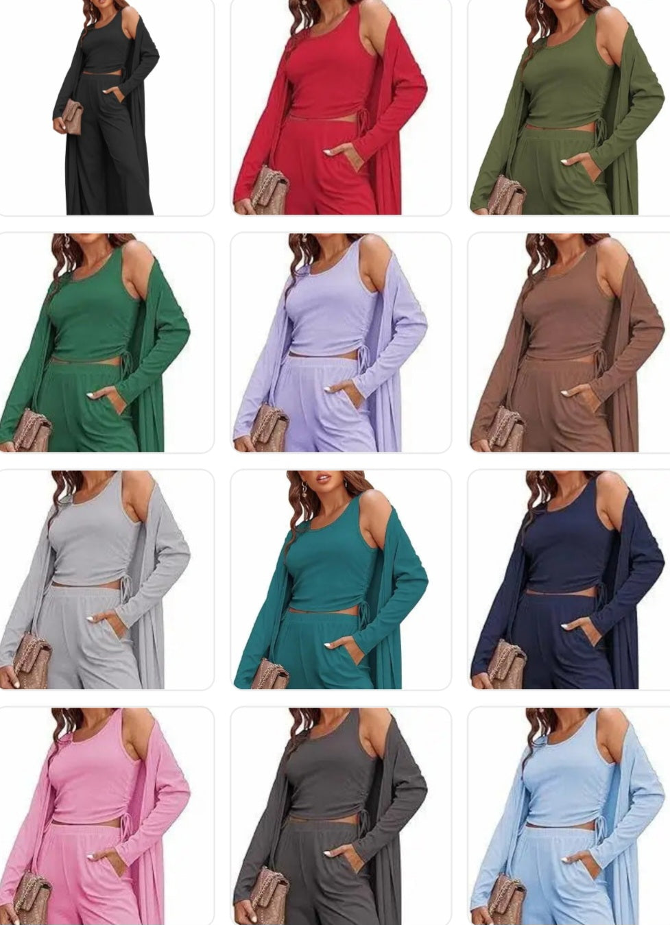 Ruched Drawstring Women's Sleeveless Cami Tank Top + Open Maxi Cardigan + Elastic Waist Leggings Solid Color 3-Piece Set