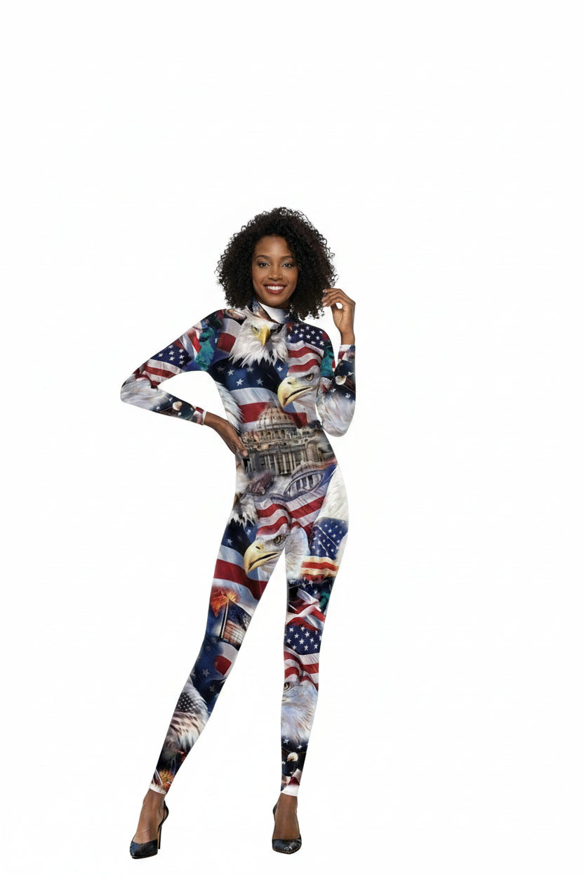 Striped 4th of July US Flag Print Bodycon Women's Long Sleeve Skinny Jumpsuit