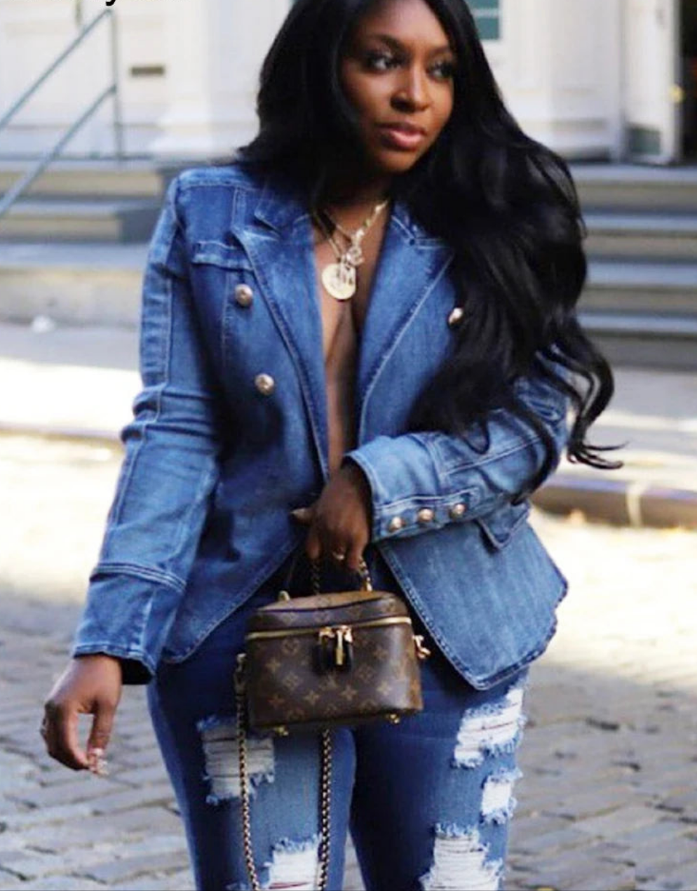Denim Black/Light Blue/Dark Blue Notched Collar Gold Button Design Long Sleeve Double Breasted Women's Streetwear Jean Blazer Jacket