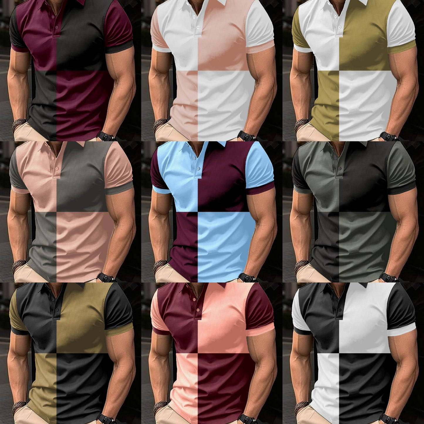 Colorblock Checker Print Turn-Down Collar Button-Up Polo Shirt