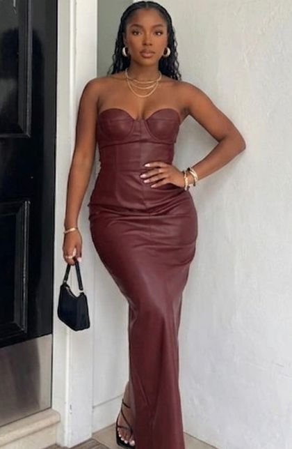 Burgundy Sleeveless PU Leather Bustier Corset Top Strapless Tube Formal Maxi Dress