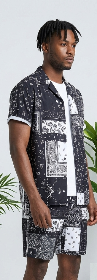 Men's Paisley Colorblock Bandana Print Turn-Down Collar Short Sleeve Shirt + Matching Shorts 2-Piece Set to 6X Big & Tall