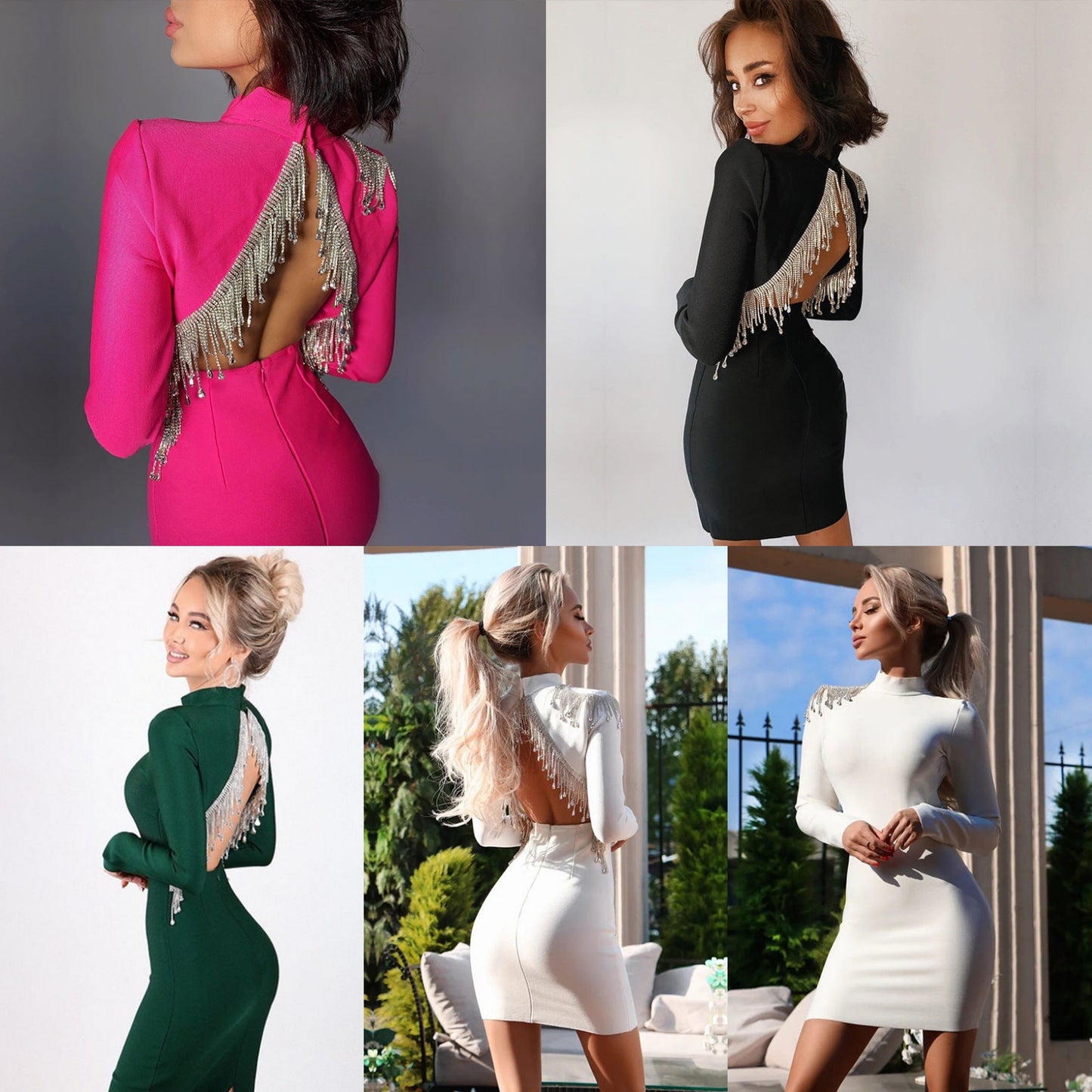 Silver Metallic Tassel Fringe Back Cut-Out Design Long Sleeve Formal Party Dress