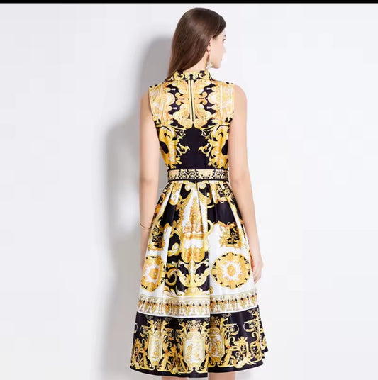 Sleeveless Floral Baroque Print Turn-Down Collar Belted Maxi Dress