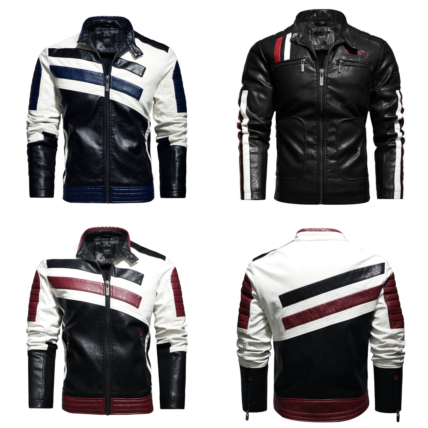 Men's PU Leather Diagonal Striped Colorblock Pattern Motorcycle Stand Collar Biker Bomber Jacket