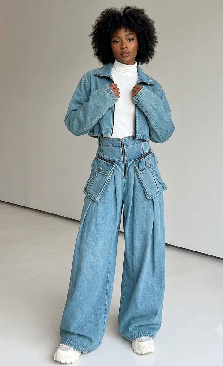 Denim Ruched Women's Long Sleeve Cropped Zipper Jean Jacket + Oversized Pocket Detail High Waist Baggy Cargo Jeans 2-Piece Set