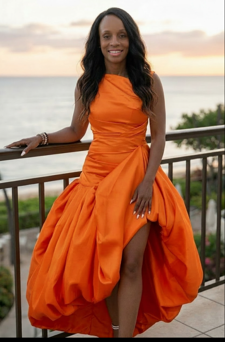 Orange Ruffled Oversized Sleeveless Cinched Waist Formal Maxi Party Prom Dress