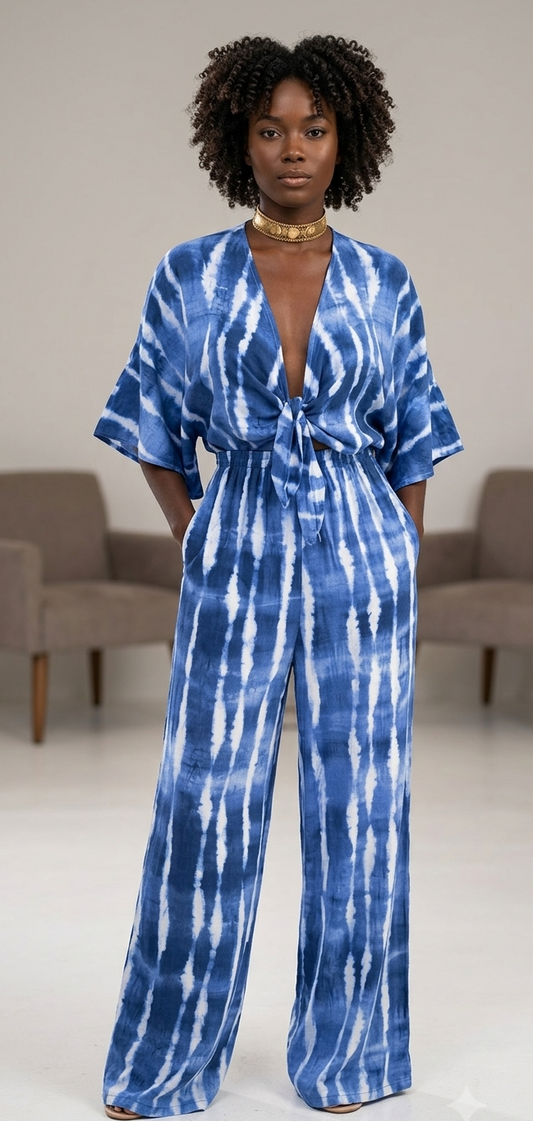 Striped Lace-Up Long Sleeve Deep V-Neck Women's Hollow-Out Wide Leg Jumpsuit to 3X Plus Size