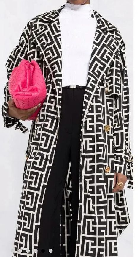 Vintage Black/White Geometric Print Gold Button Detail Double Breasted Women's Turn-Down Collar Trenchcoat to 3X Plus Size w/ Belt