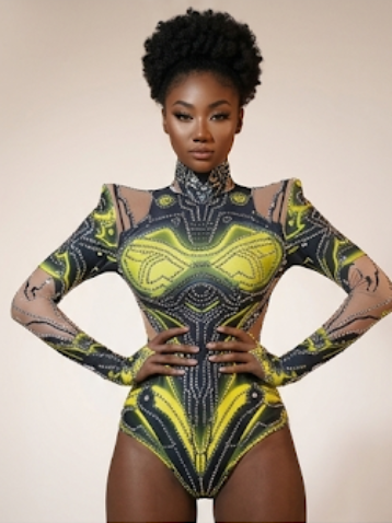 Designer Sparkling Rhinestone Geometric Robot Print Hollow-Out Shoulder Women's Long Sleeve Skin Tight Formal Stage Performance Bodysuit Romper