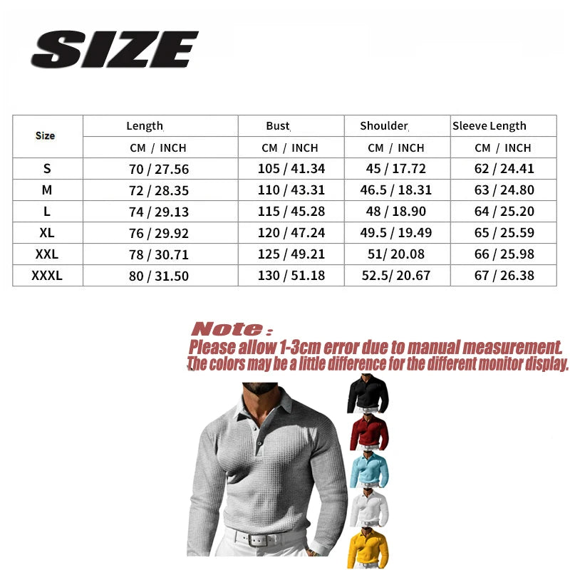 Men's Waffle Pattern Long Sleeve Turn-Down Collar Pullover Polo Shirt