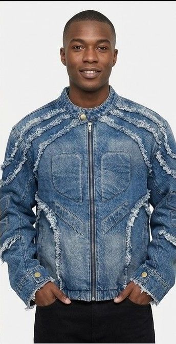 Men's Denim Vintage Tiered Tassel Fringe Embossed Frayed Shoulder Design Stand Collar Biker Jean Jacket
