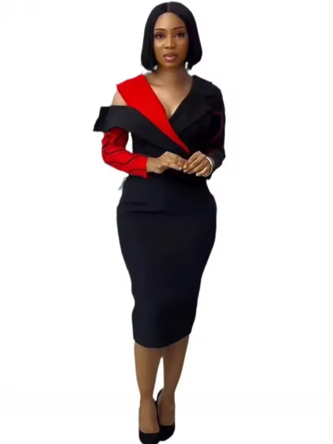 Black/Red Colorblock Patchwork V-Neck Bodycon Midi Dress