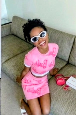 Pink "Barbie" Print U-Neck Knitted Short Sleeve Cropped Sweater+ Mini Skirt Women's 2-Piece Set