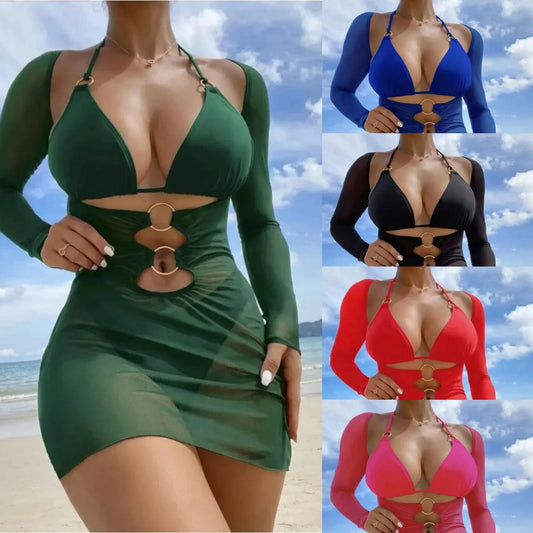 3 Piece Set: Gold Double Ring Hollow-Out Design Long Sleeve Swimsuit Cover-Up w Triangle Solid Color Bikini Swimsuit