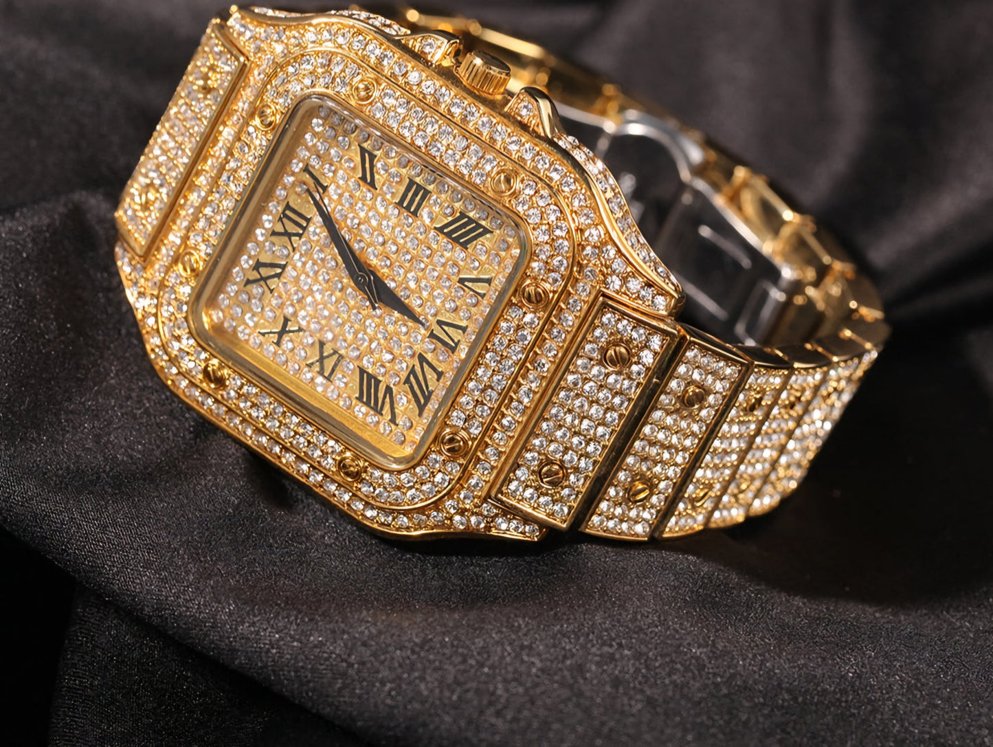 Hip Hop Men's Full Iced Out Full Drill Square Stainless Steel Rhinestone Quartz Square Watch