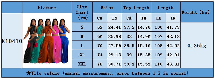 Pleated Women's Halter Silky Crop Top + Elastic Waist Wide Leg Pants 2-Piece Set