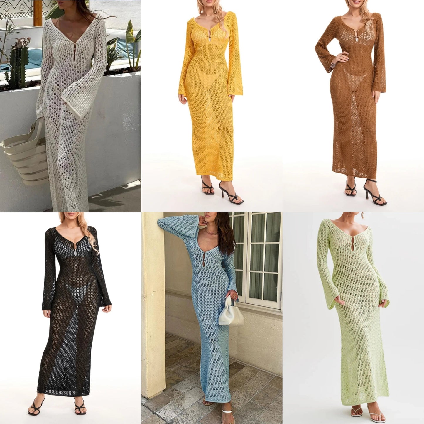 Solid Color Crochet Knitted Hollow-Out Deep V-Neck Long Sleeve Swimsuit Cover-Up/ Backless Maxi Beach Dress