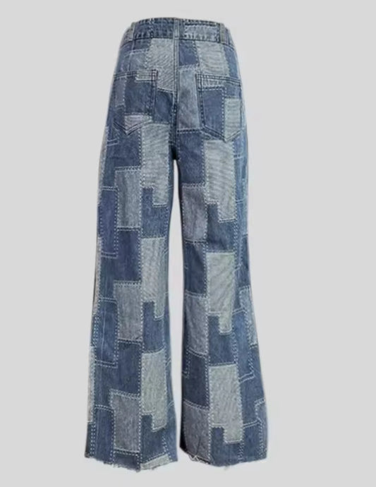 Denim Women's Colorblock Contrast Colored Streetwear Wide Leg Loose High Waist Trouser Jeans