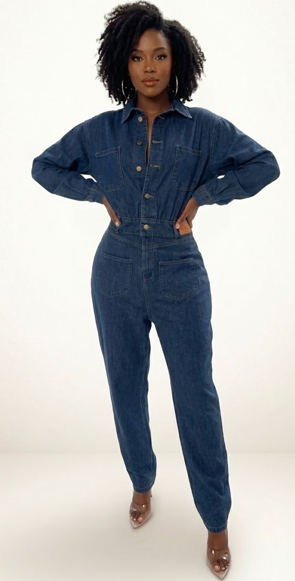 Blue Denim Women's Cargo Pocketed Long Sleeve Button Front Women's Streetwear Jeans Jumpsuit