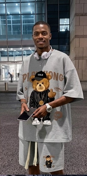 Men's Hip-Hop Teddy Bear Embroidered Short Sleeve T-Shirt+ Drawstring Shorts 2-Piece Set to 5X Big & Tall