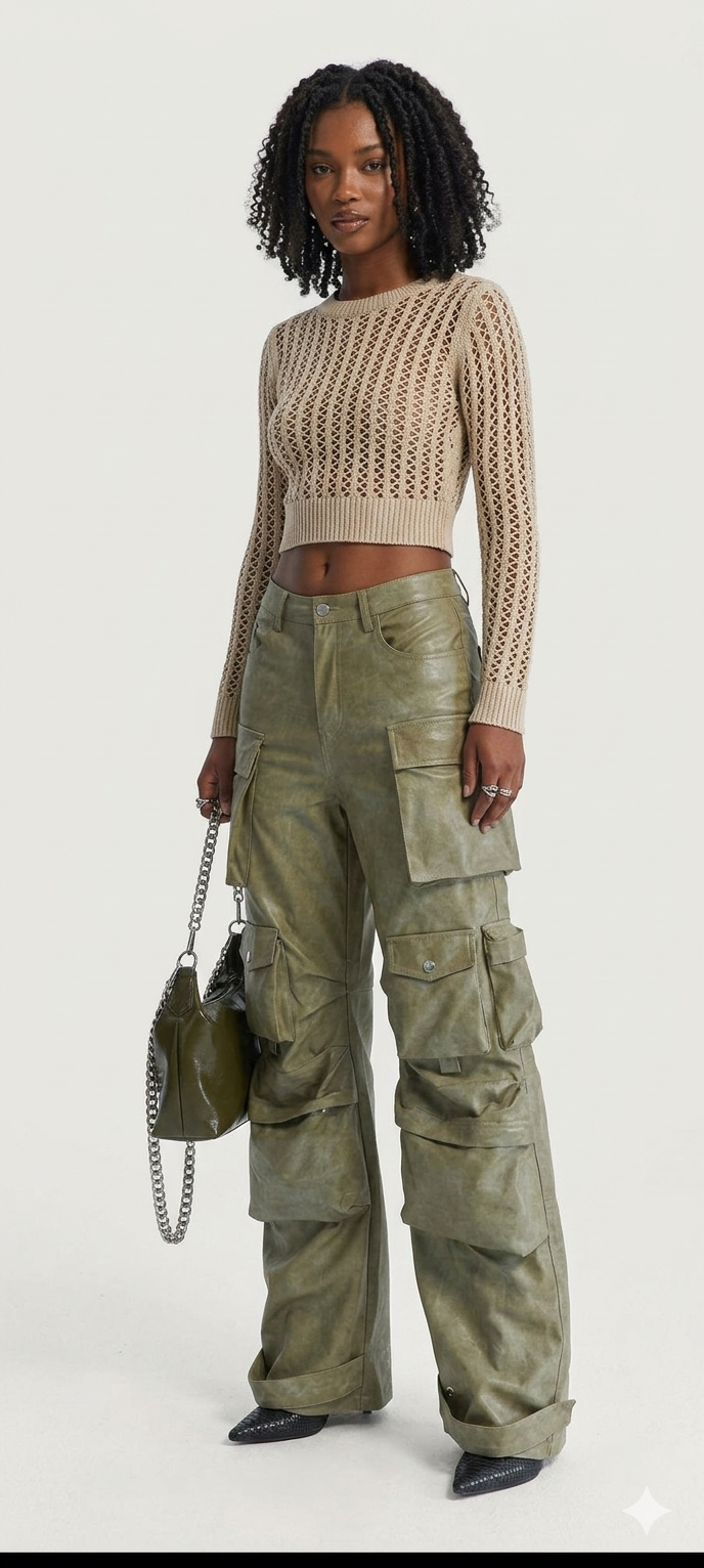 Brown/Light Green PU Leather High Waist Streetwear Hip-Hop Women's Cargo Multi-Pocketed Wide Leg Pants